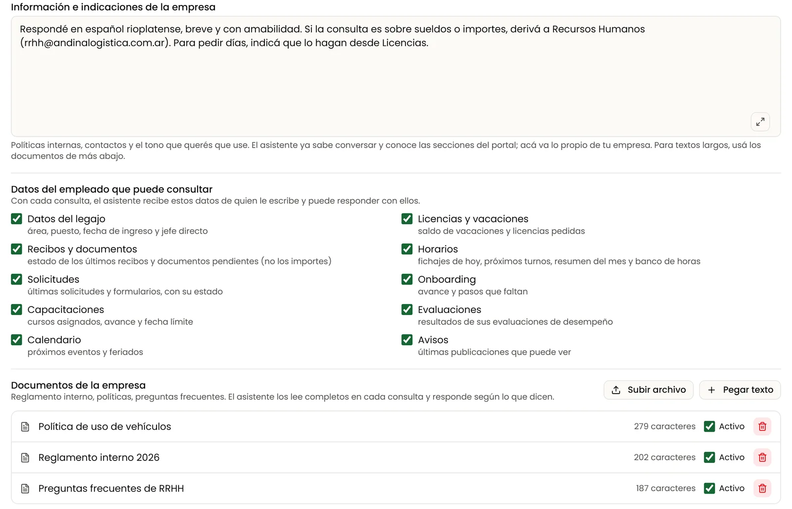 Configuración del asistente: indicaciones de la empresa, datos del empleado que puede consultar y documentos cargados