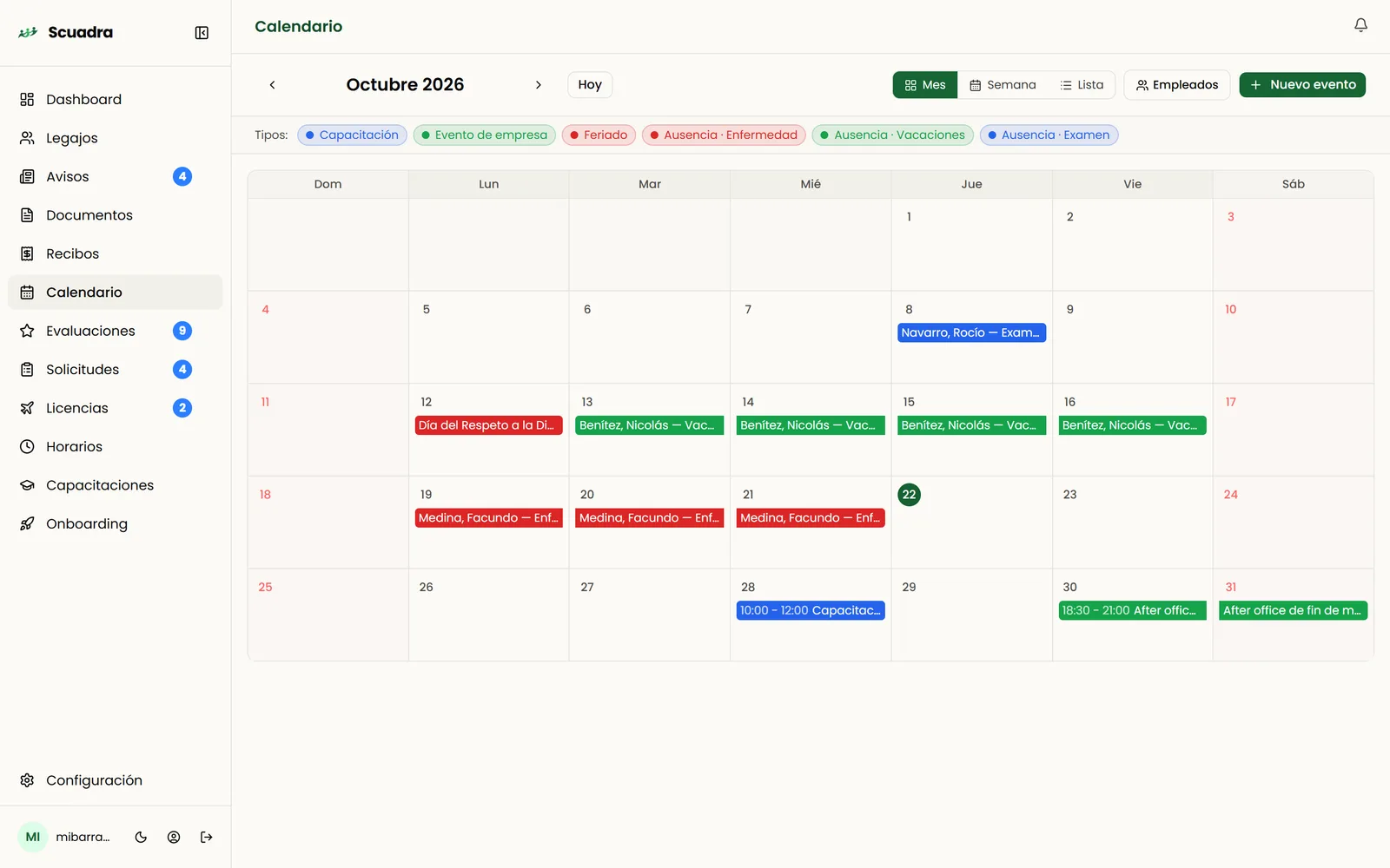 Calendario del mes con feriados, capacitaciones y eventos de la empresa