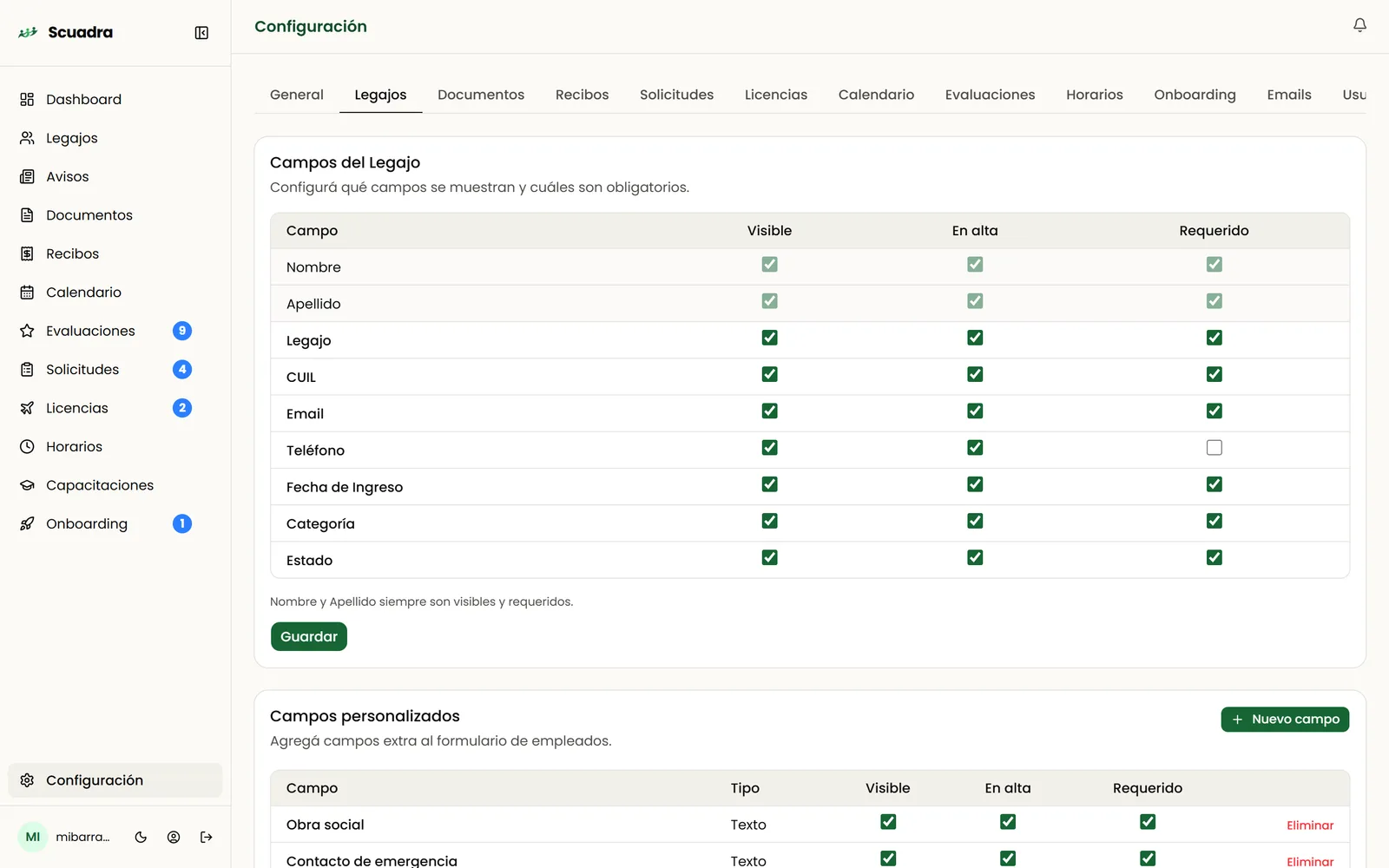 Configuración de los campos del legajo y de los campos personalizados
