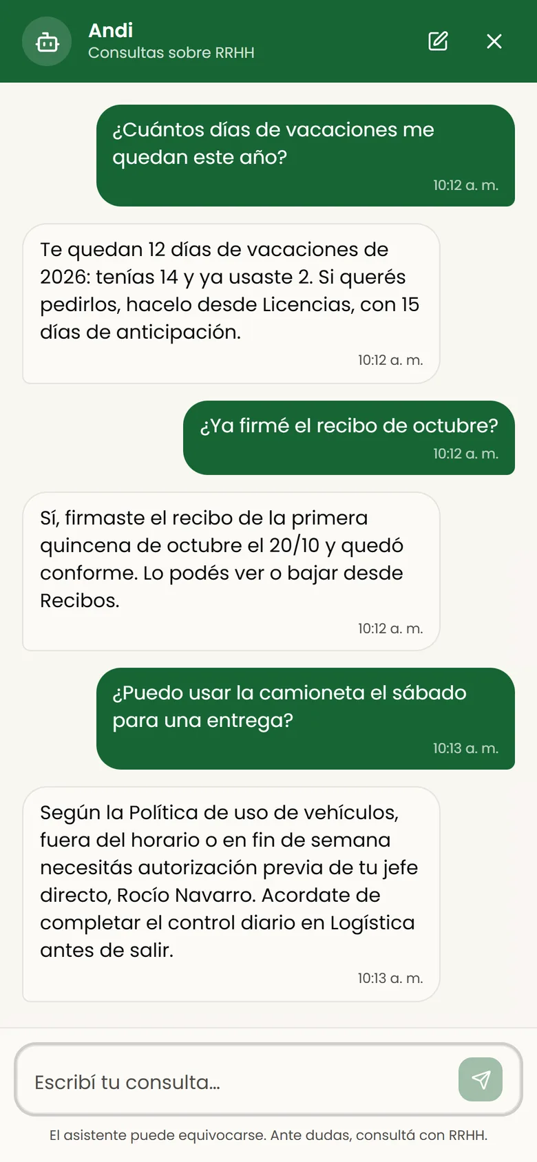 Chat del asistente: responde cuántos días de vacaciones le quedan, si firmó el recibo y qué dice la política de uso de vehículos
