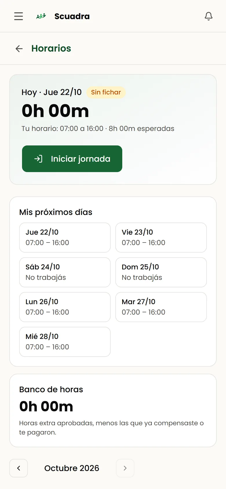 Horario de la semana y banco de horas del empleado