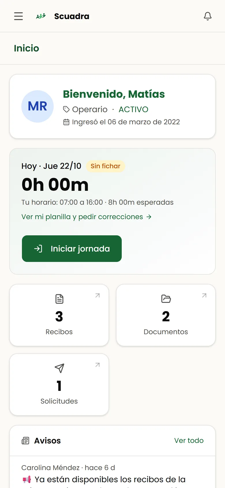 Inicio del empleado con su jornada de hoy y el botón para iniciar
