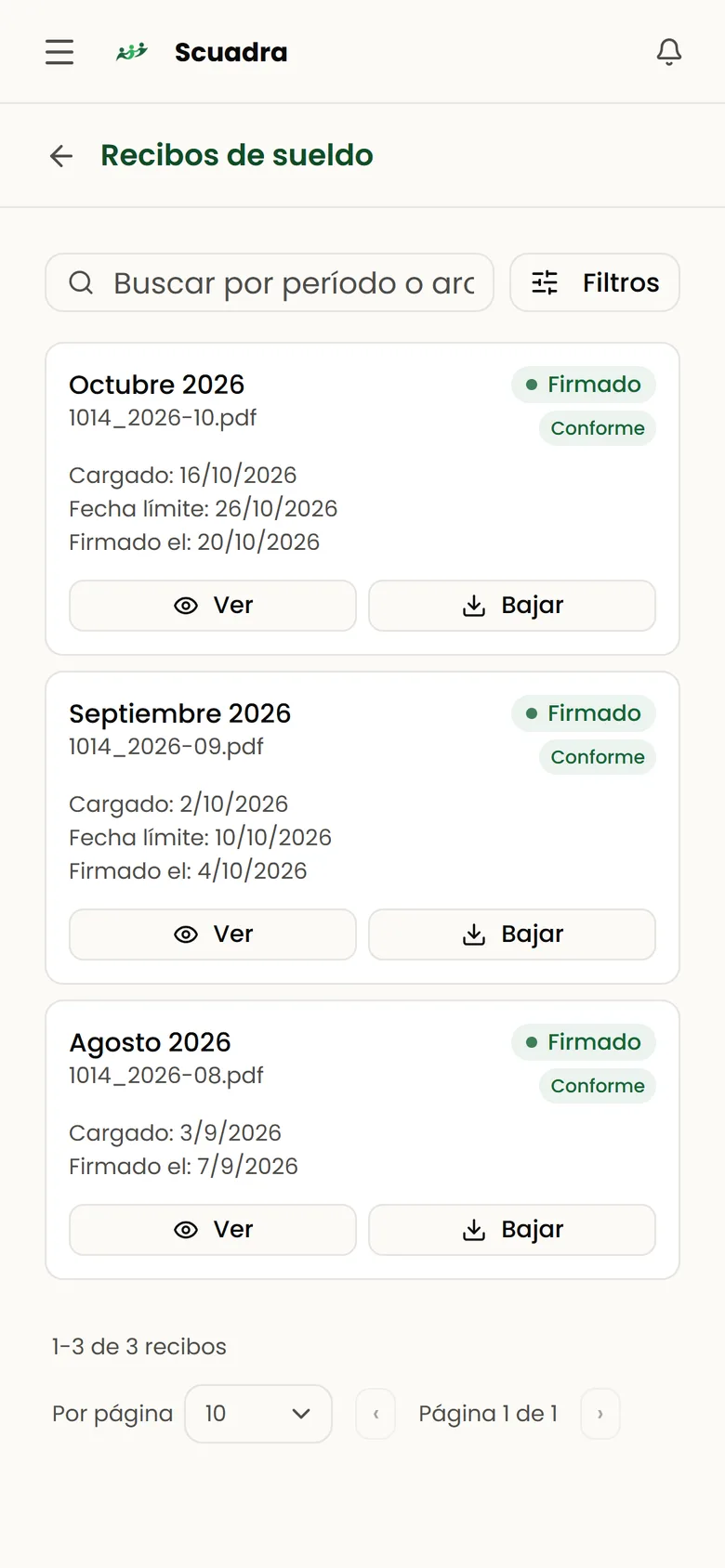 Recibos de sueldo del empleado, firmados